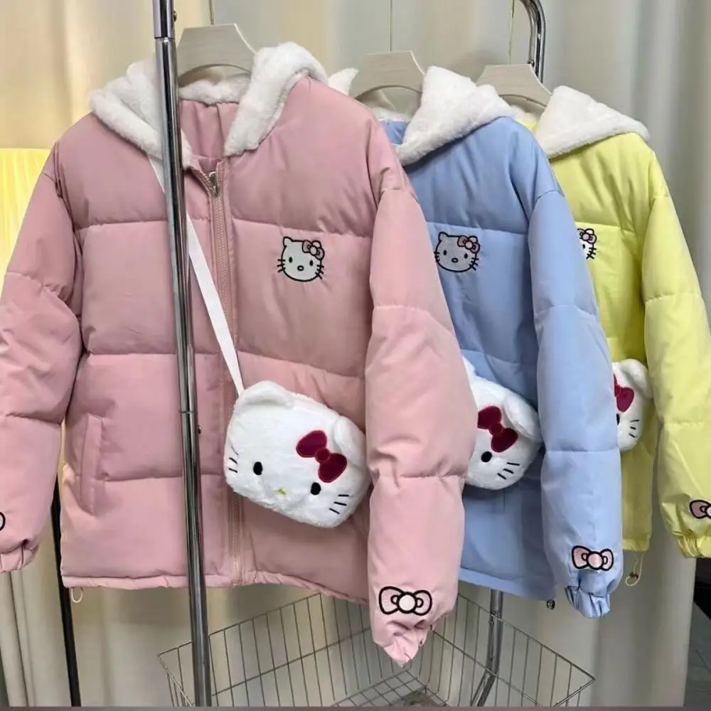 

Милая хлопковая одежда Hello Kitty, плюшевая утолщенная куртка с капюшоном Sanrio, аниме, студентка, зимние милые теплые топы с сумками