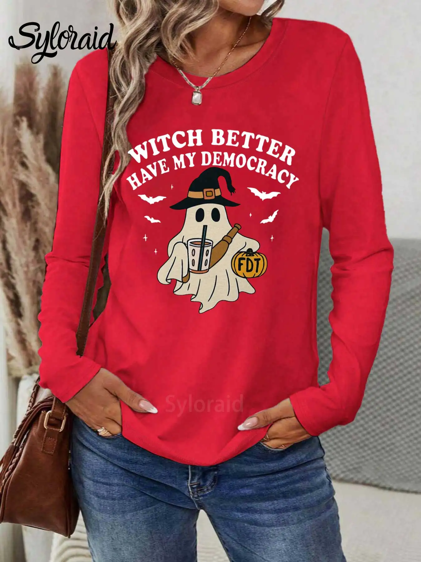 تي شيرت نسائي بأكمام طويلة، تي شيرت Witch Better Have My Democracy Print تي شيرت عصري برقبة دائرية كاجوال لجميع المواسم #3