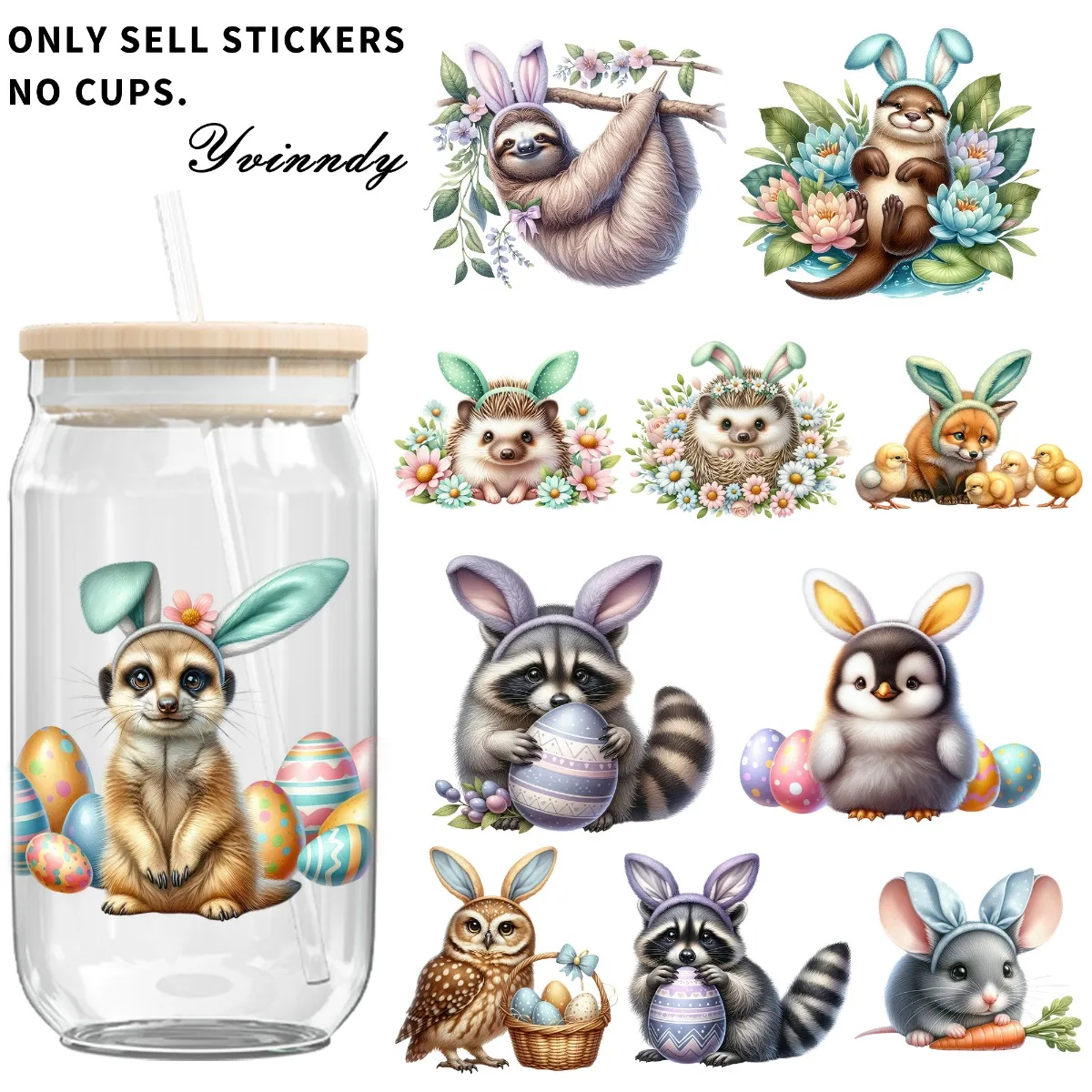 5PCS/Set Of 16OZ Easter Theme Easter Bunny With Rabbit Ears Animal Design UV DTF Film Transfer Paper Is Suitable For Cups Mugs