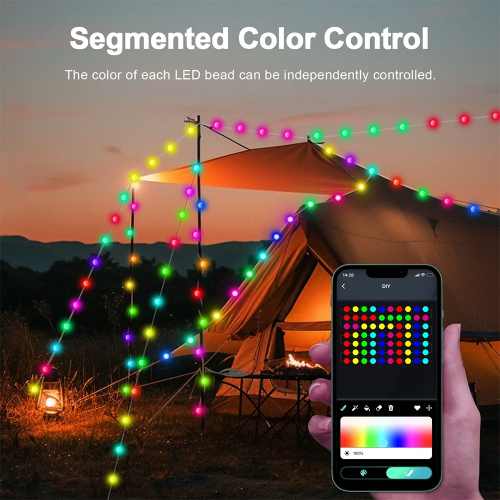 Lampu Peri RGBIC Bluetooth USB 10M 50LED Tali Lampu Natal dengan Aplikasi Remote Control Dekorasi Karangan Bunga Pohon Natal