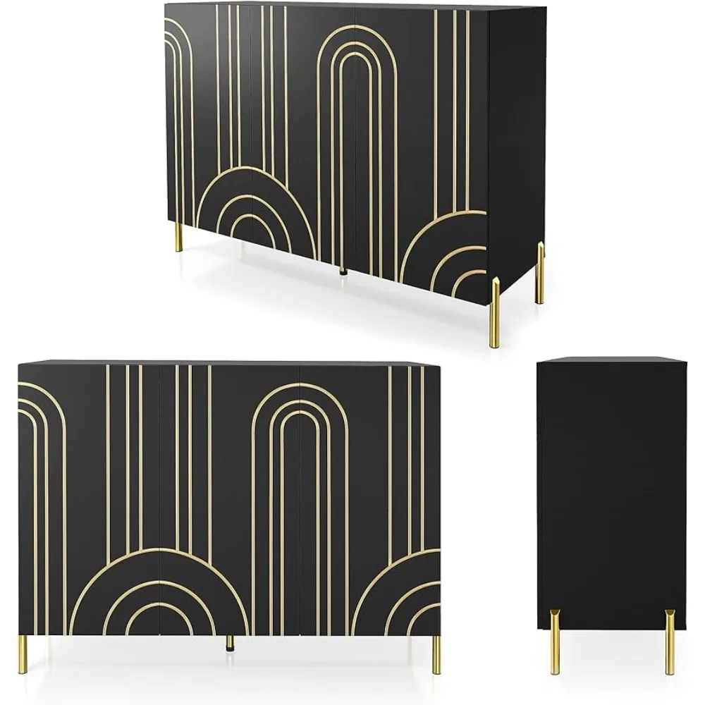 

Modern Art Deco Accent Cabinet with Storage Shelves and Doors, Smooth Curved Line Printed Pattern Design Credenza Sideboard