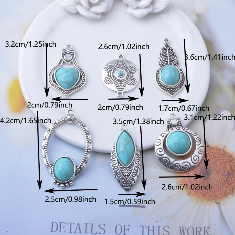 10pcs Antique Silver Color Alloy Imitation turquoise stone Round Connector Heart Water Drop  Leaf Charms Jewelry Pendants