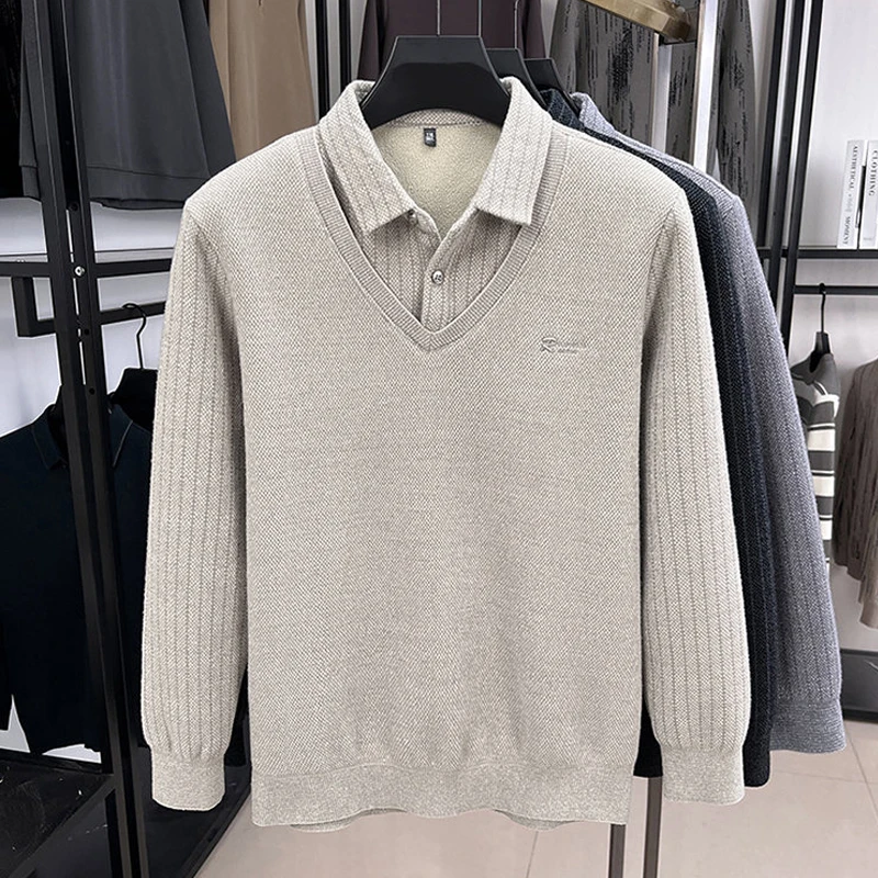 الرجال فو قطعتين الصوف مبطن سترة الأعمال عادية بولو البلوز الخريف الشتاء سميكة متماسكة البلوزات الشارع الشهير البلوز #4