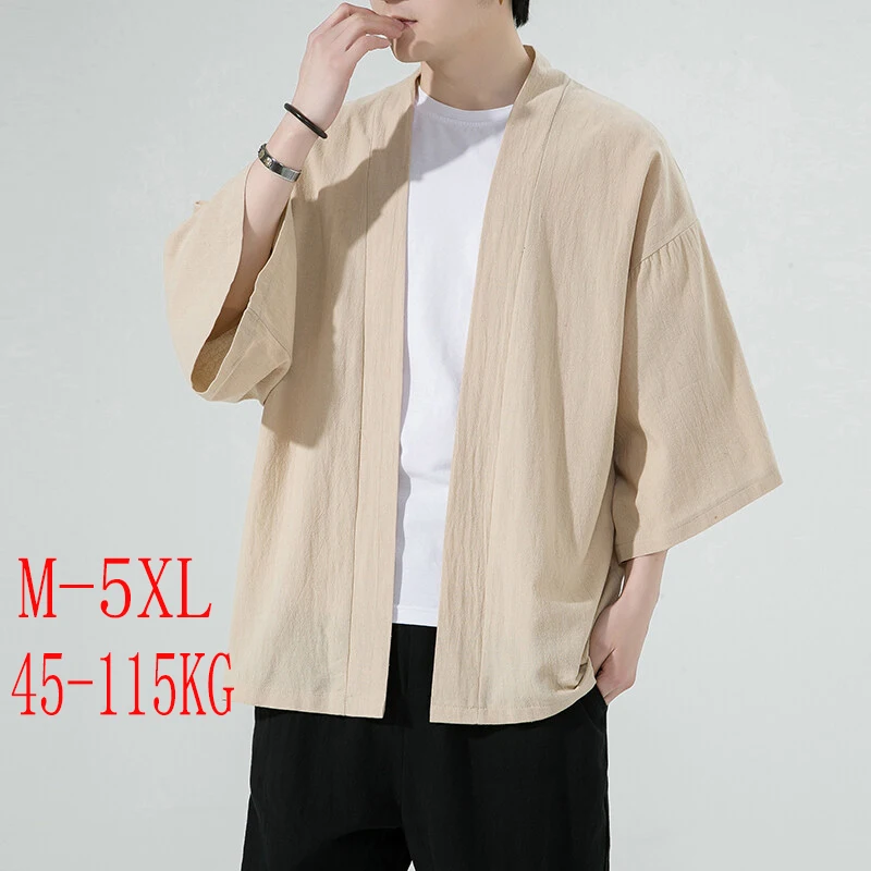 

Men's Plus Size Chinese Style Kimono Cardigan 3/4 Sleeve Linen Blend Lightweight Sun Protection Jacket M-5XL Summer Beach Shirt