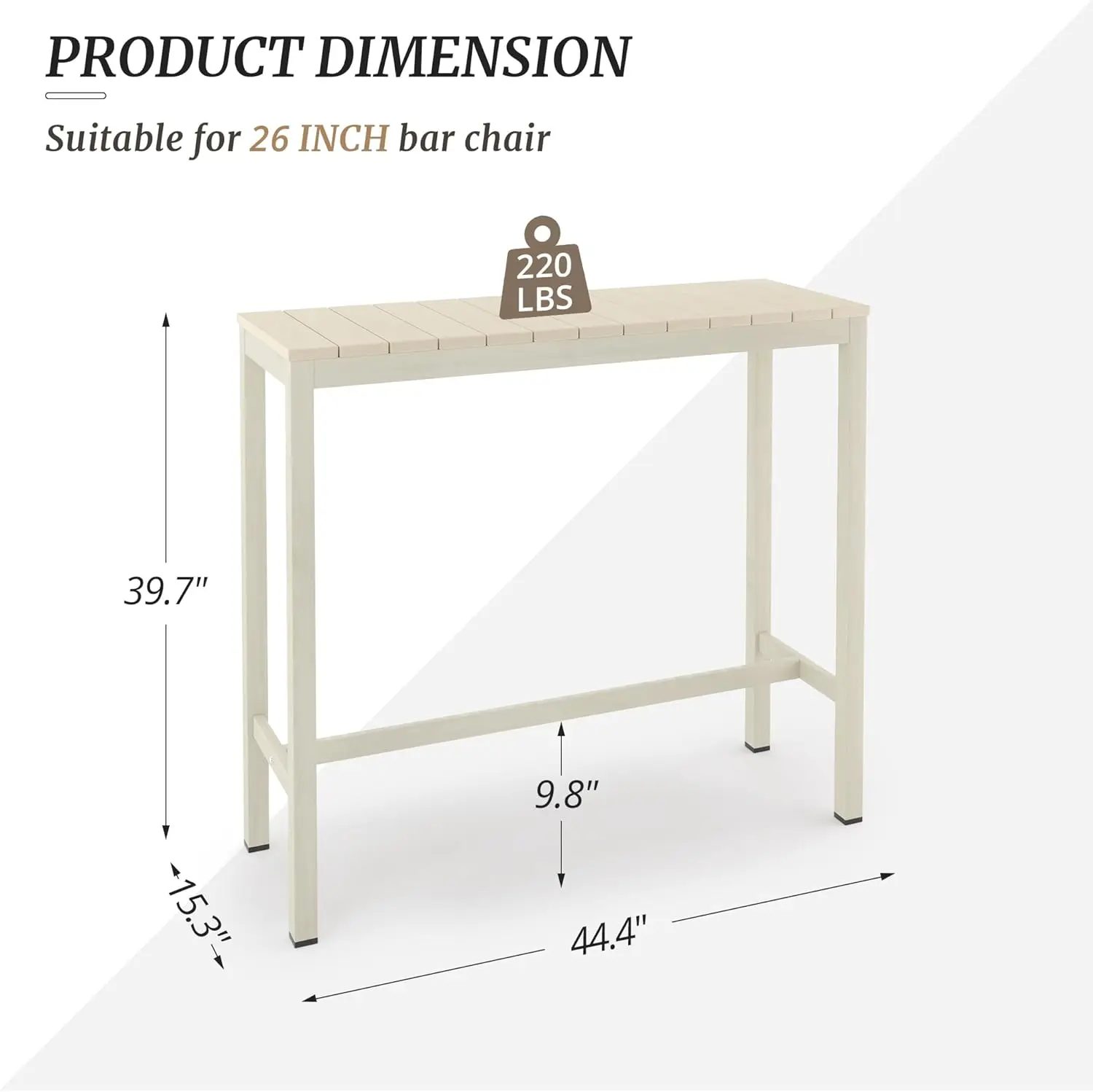 Outdoor Bar Table, 45" Patio Bar Height Counter Table, Weather Resistant, Waterproof HDPS Slatted Top Console Table for Hot Tub