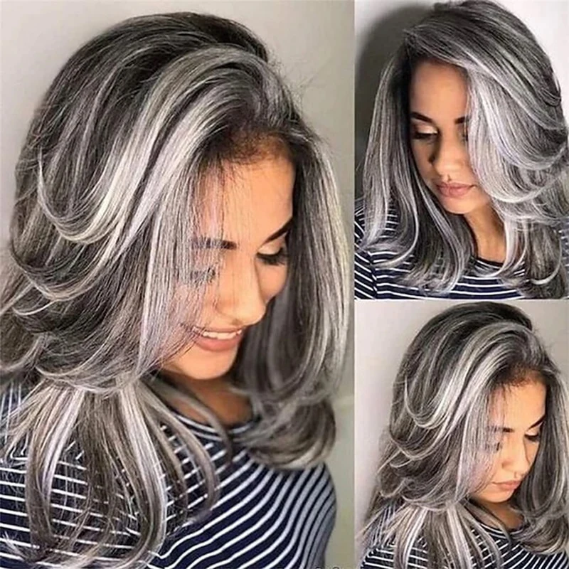 Parrucche ondulate lunghe ricci moda donna parrucca sintetica soffice onda sciolta resistente al calore grigio Ombre capelli Cosplay per la mamma