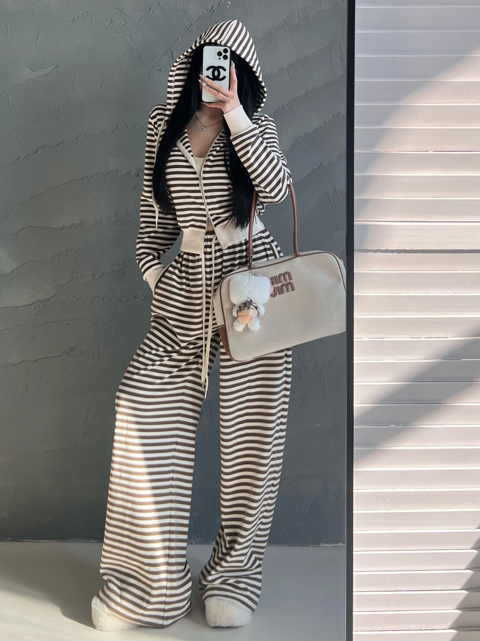 

Y3005 Lazy Stripe Casual Sportswear Set Loose Wide Leg Pants Floor-Length Trousers Hoodie Sweatirt Polyester Fiber