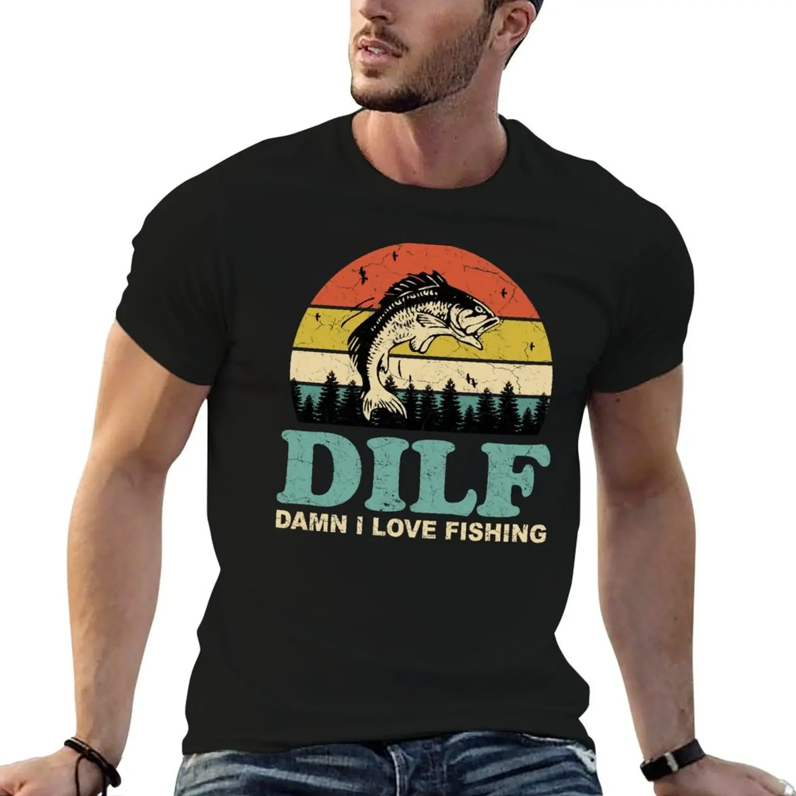 DILF Damn I Love Fishing Retro Vintage Sunset Funny Fishing Gift T-Shirt cheap stuff customs summer tops t shirts men