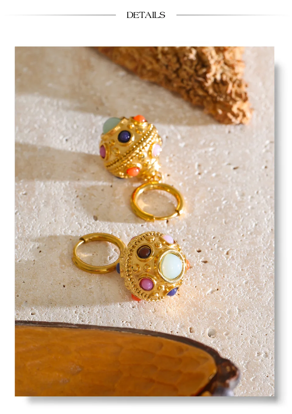 Yhpup 26g Edelstahl Runde Hängeohrringe 18K Goldfarbe PVD-beschichtet Naturstein Exquisiter Französischer Schmuck – Detail 7
