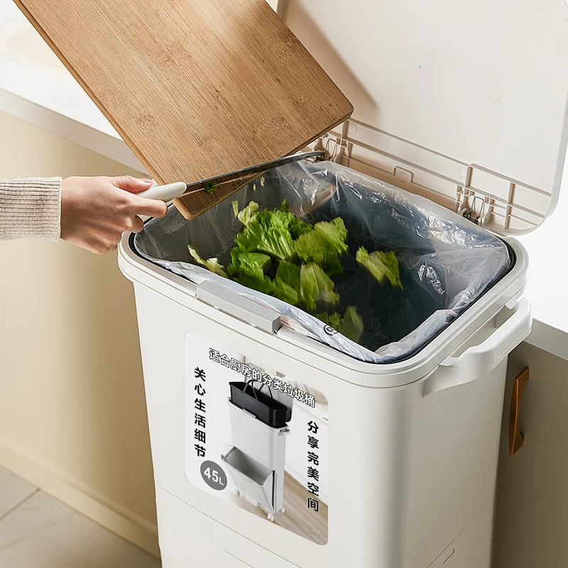 Garbage Classification 34L 2 Layers Plastic Trash Bin Home Kitchen Garbage Classification Can with Wheels Garbage Storage