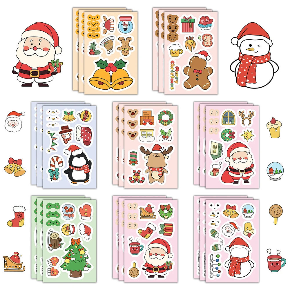 

8/16Sheets Cute Cartoon Christmas Puzzle Stickers Games Make a Face Funny DIY Assemble Jigsaw Kid Education Toy Craft Sticker