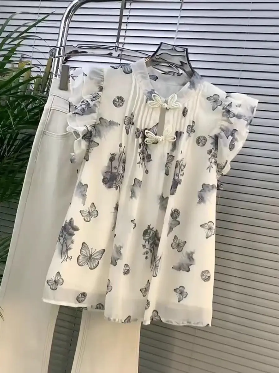 Summer Chinese Knot Button T-Shirt 2024 New Women Sweet Butterfly Printing Chiffon Blouses Femme All-match Cool Thin Blouse Tops