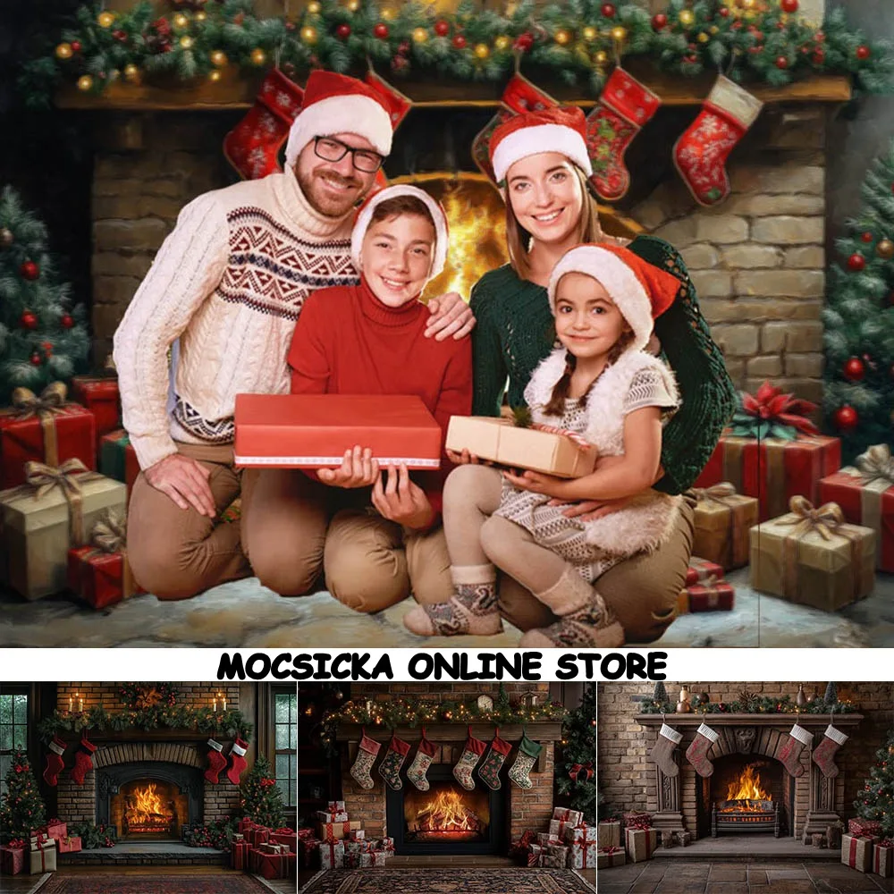 

Mocsicka Christmas Fireplace Photography Backdrops Xmas Socks Gift Box Family Portrait Photo Background Studio Photo Shoot Props