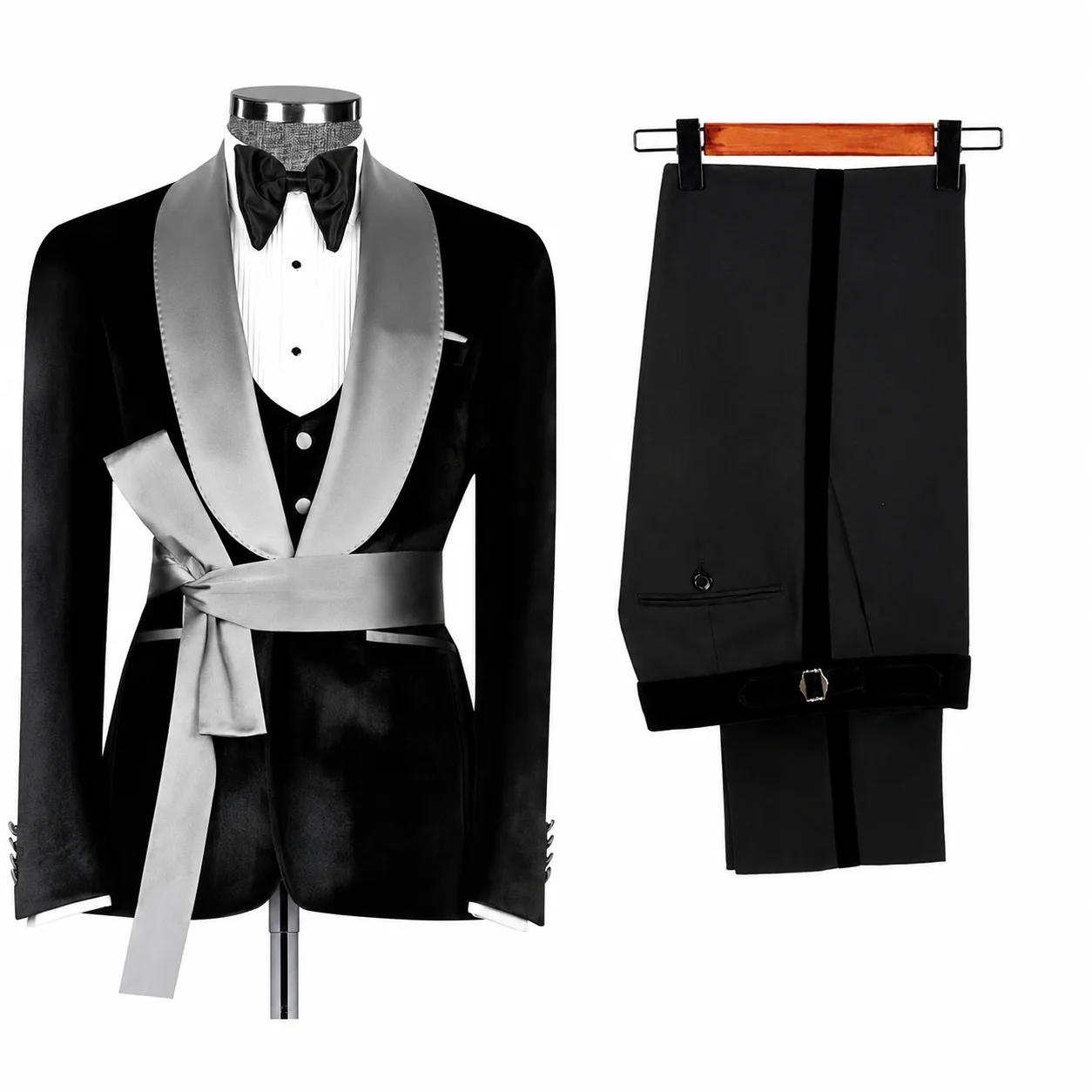 Luxury Black Velvet Tuxedo Suit Shawl Lapel Sash Belt Men Formal Prom Wedding Jacket Pants Customized M25216