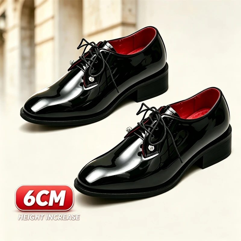 New 6cm Invisible Height Increasing Men Derby Shoes Patent Leather Crystal Button Lace Up Formal Business Wedding Elevator Shoes
