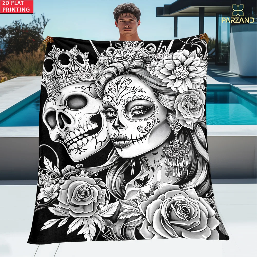 2D Flat Design Single-Piece Sugar Skull Art High-Definition Digital Print Blanket. Soft and Warm Flannel Blanket, Suitable for T