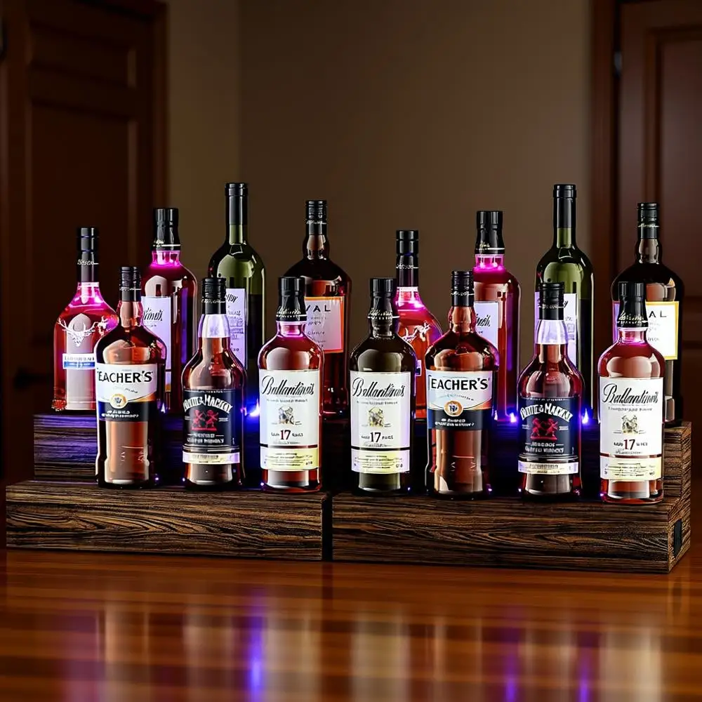 

Dual LED-Illuminated Bottle Display Shelves for Bar, Tabletop Wine Rack, and Home Mini Bar Organizer