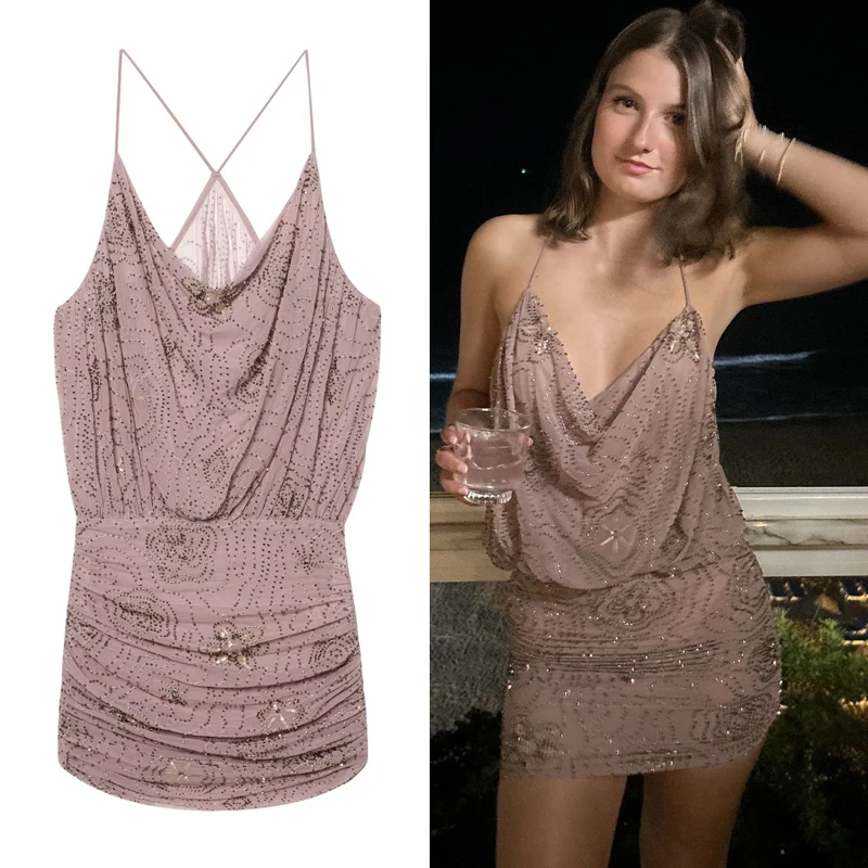 Damen Slip-Kleid mit Pailletten und Rüschen, Lila Perlenbesetztes Kurzes Kleid, Ärmelloses Sommer-Partykleid 2026, Neues Bodycon Sexy Abendkleid
