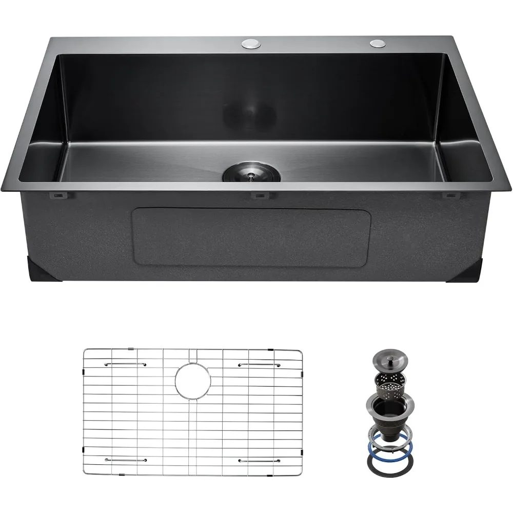 

33-дюймовая рабочая станция для кухонной мойки, раковины с верхним креплением из нержавеющей стали 304, вставная раковина для фермерского дома с одной чашей и аксессуарами