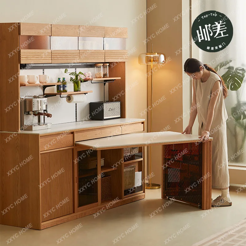 Cherry wood dining side cabinet dining table integrated rotatable small apartment with one belt against the wall
