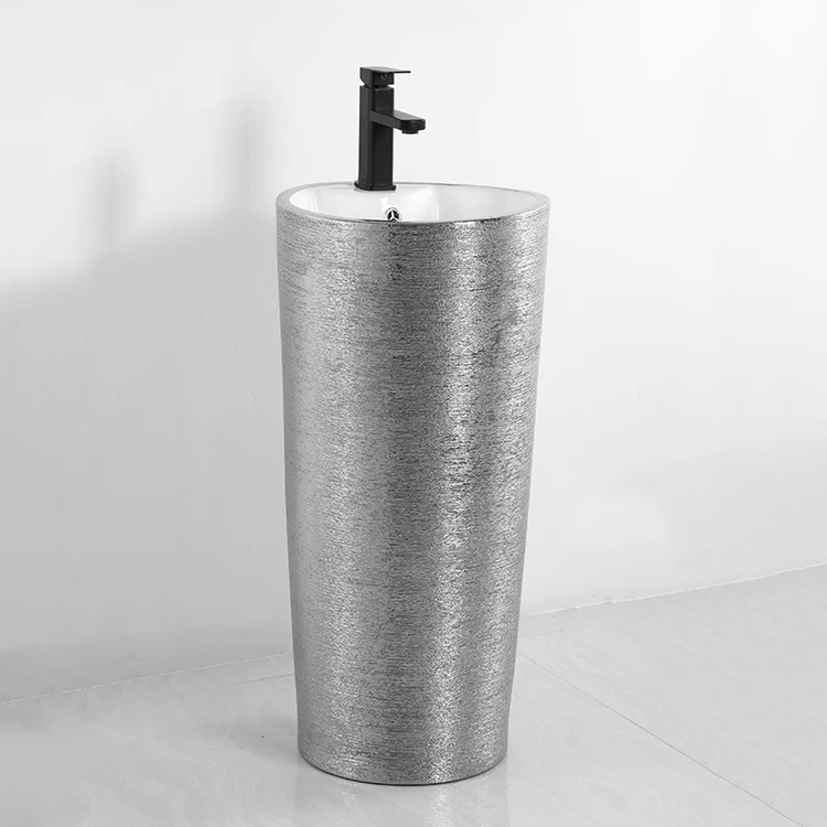 【Best-selling】 Modern Hotel Ceramic Pedestal Bathroom Sink with Single Hole Faucet Mount Electroplated Silv