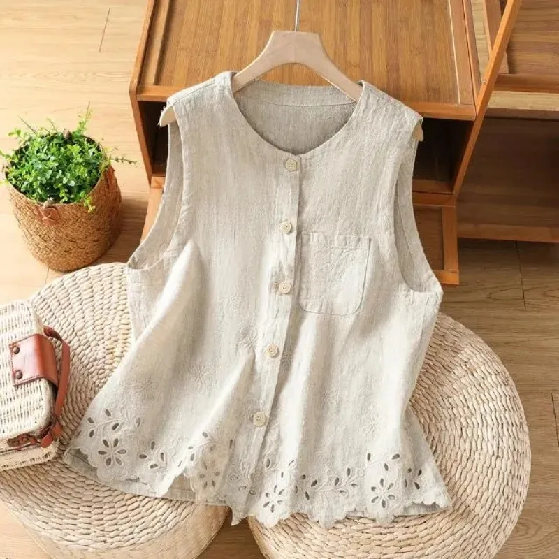 Women's Vest 2026 Solid Color Round Neck Single-breasted Ladies Waistcoat Coat High-end Embroidery Female Outerwear