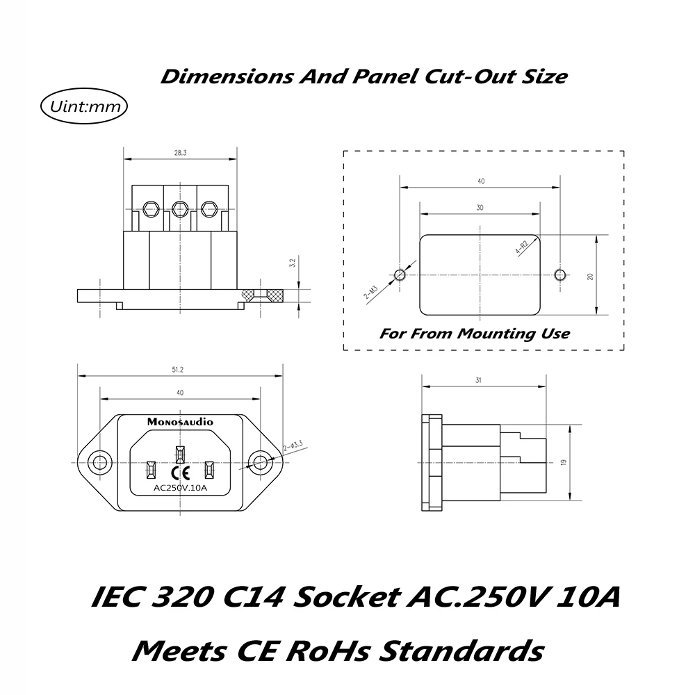 Monosaudio IC72 Stromstecker AC-Steckeradapter Elektrisches Netzkabel Einlassbuchse Anschluss Rhodium-Gold-Beschichtet – Detail 1