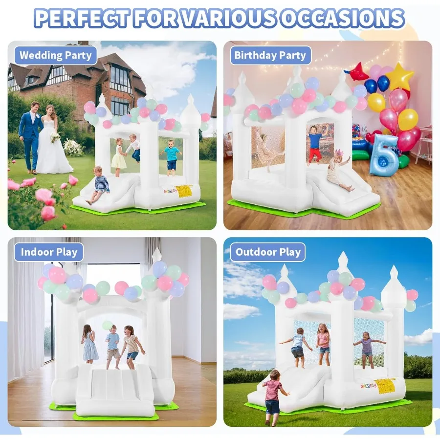 Castelo inflável branco da casa do salto para 28 veio inflável da criança com balão da corrediça e material extra grosso costurado do ventilador para