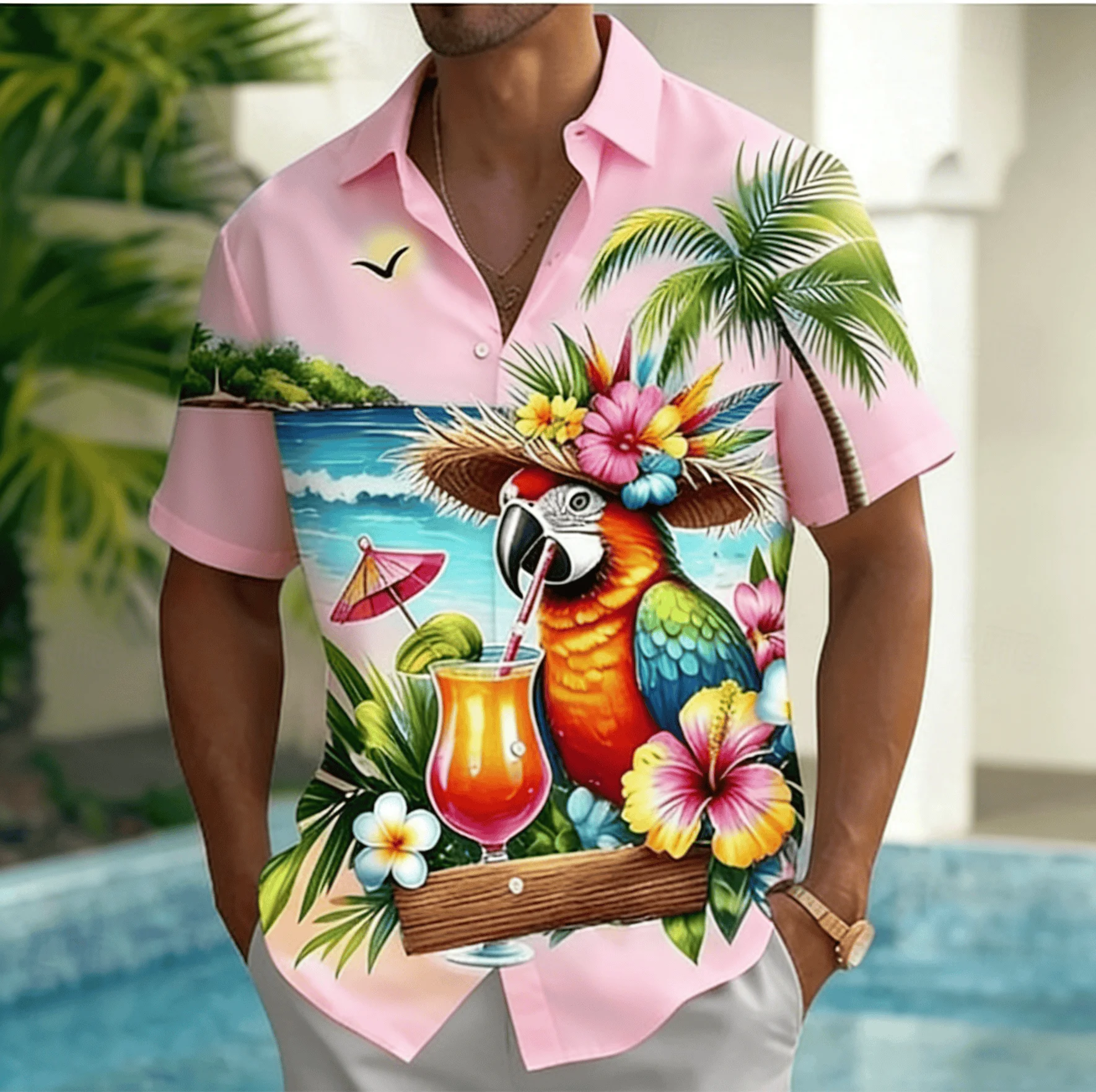 Men's Beach Parrot Cocktail Tropical Floral Print Short Sleeve Shirt, Spring Summer Hawaiian Vacation Blouse, Loose Casual Top