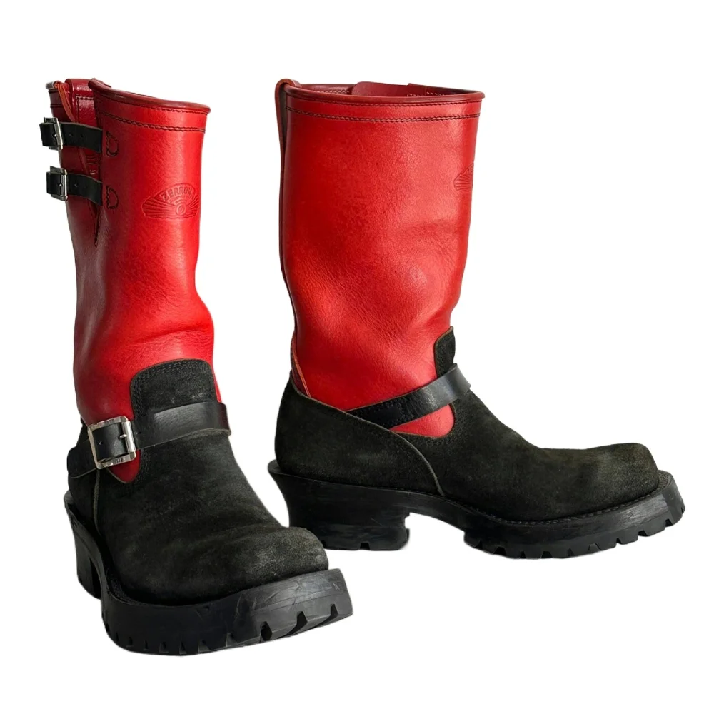 

Fashion Men's Genuine Leather Motorcycle Boots Vintage Thick Sole Mid-calf Western Buckle Strap Red Multicolor Slouch Boots