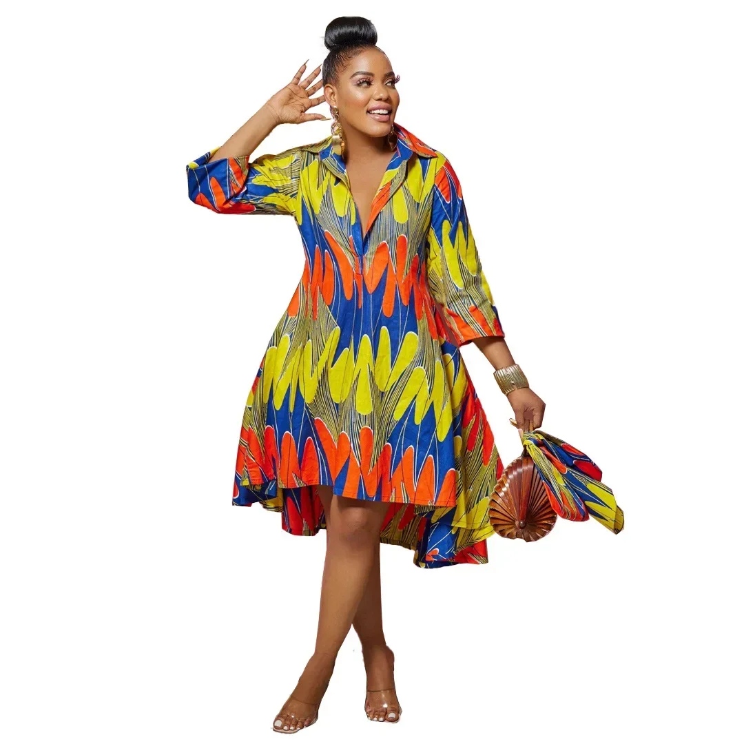Летнее сексуальное африканское женское платье с v-образным вырезом и рукавом три четверти с принтом длиной до колена, платья с африканским принтом, африканская одежда