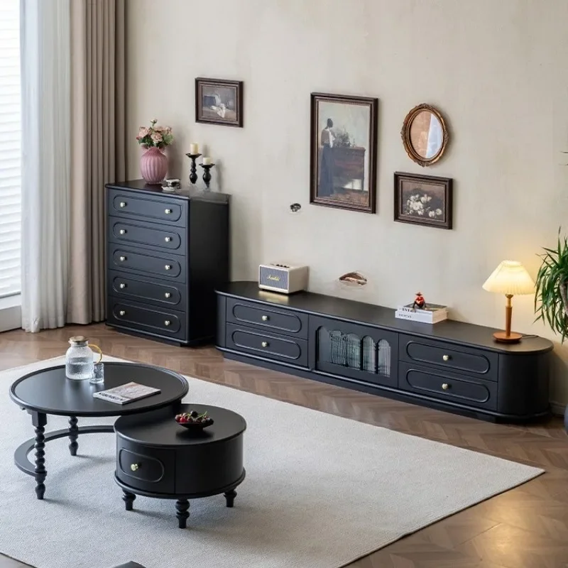 

Solid wood TV cabinet French high floor storage and storage integrated small apartment living room household coffee table TV
