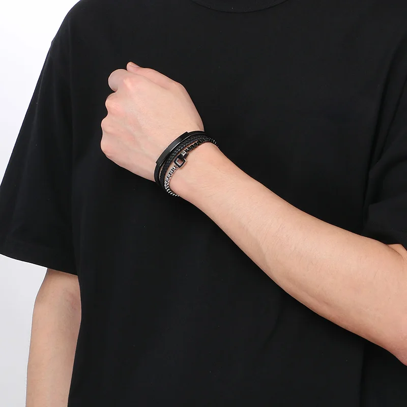 Creative Square Charm Cowhide Bracelet for Men Hip Hop Golden Stainless Steel Leather Bracelet Personalized Trend Jewelry Gift