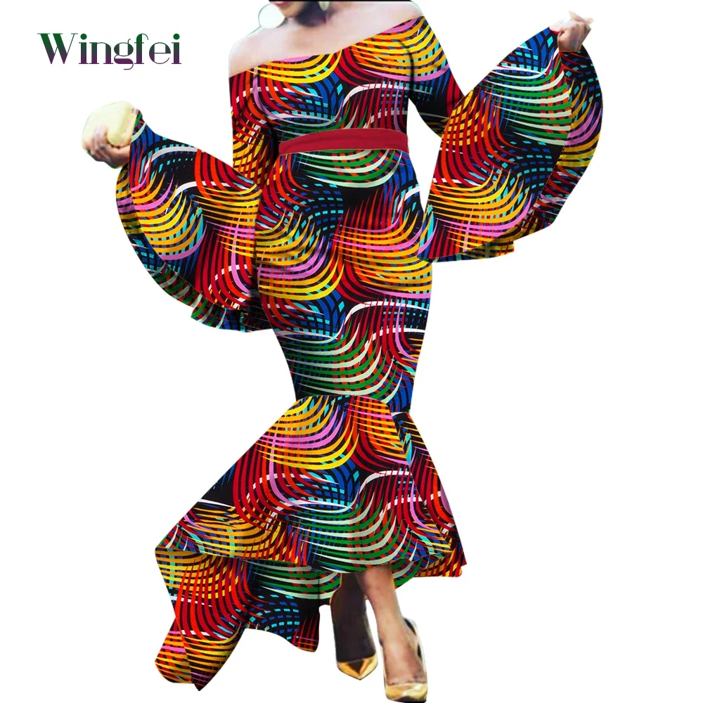 African Dresses for Women Mermaid Multiple Layers Dashiki Maxi Long Dresses Off Shoulder Women Ankara Dress Clothing WY2208