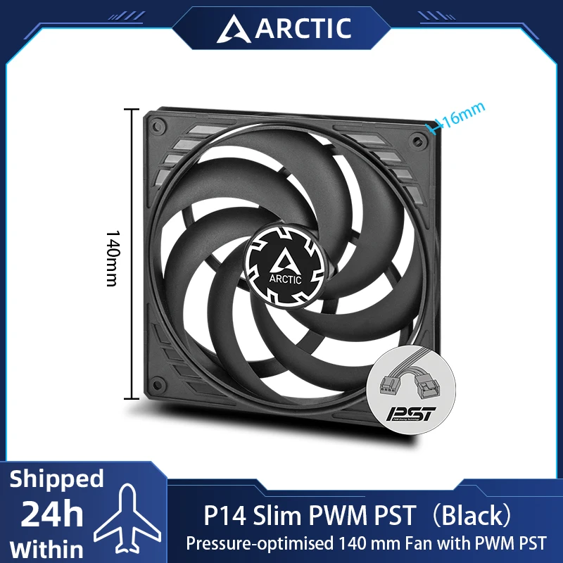 ARCTIC P14 Slim PWM PST Black 140mm Case Fan, with PWM Sharing Technology (PST), Pressure-optimised,Extra Slim, 150–1800 RPM