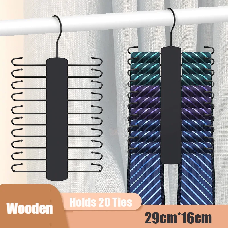 1 Pack Wooden Tie Rack, Men Space Saving Belt Hanger with 20 Hook for Closet, Non-Slip Rotatable Ties Organizer Racks for Scarf