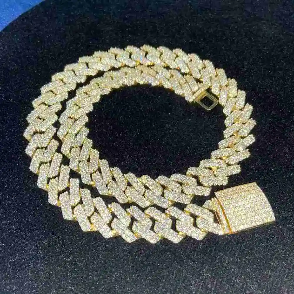 

Роскошная рэперская кубинская цепочка из стерлингового серебра 925 пробы с настоящим позолоченным муассанитом Vvs 15 мм