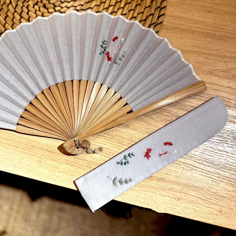 Embroidered Floral Bird Pattern Folding Fan with Case Portable Summer Cooling Daily Fan for Hanfu Gift Chinese Style Photo Prop