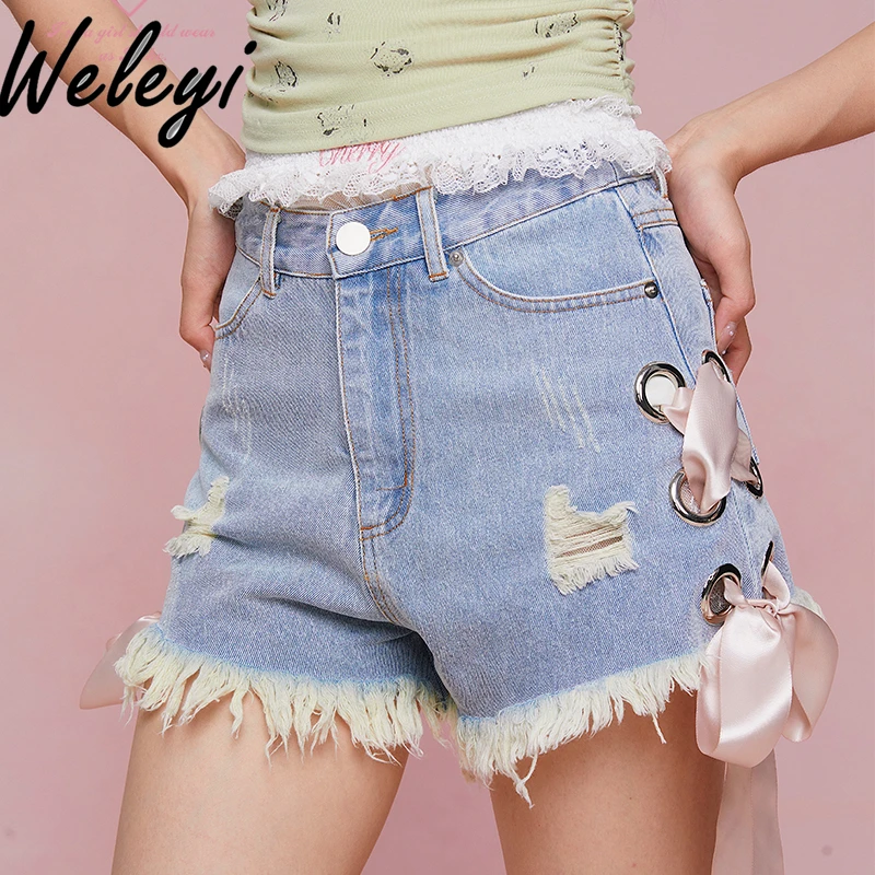 

Vintage Ribbon Tassel Ripped Short Jeans for Women 2024 Summer New Cute Women's Washed Light Blue High Waist Jean Shorts Student