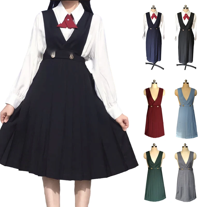 Japanese Girl\'s JK High School Uniform Long Pleated Dress Student Summer Sleeveless Pinafore Dress Japan Class Suspender Skirt