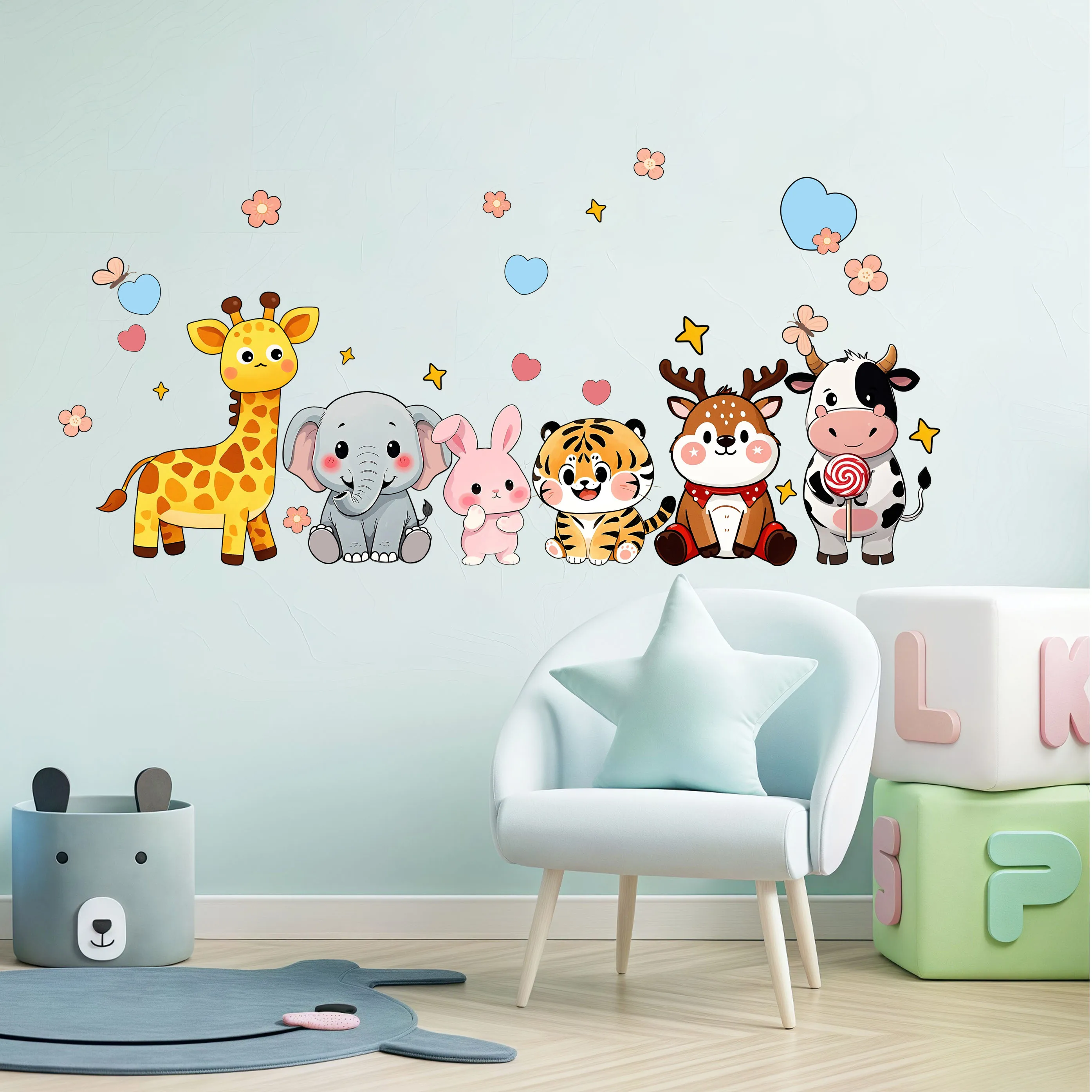 Creative Six Animals Sitting in Rows Cartoon Stickers Fairy Tale Fantasy Style PVC Wall Stickers Beautify the Room