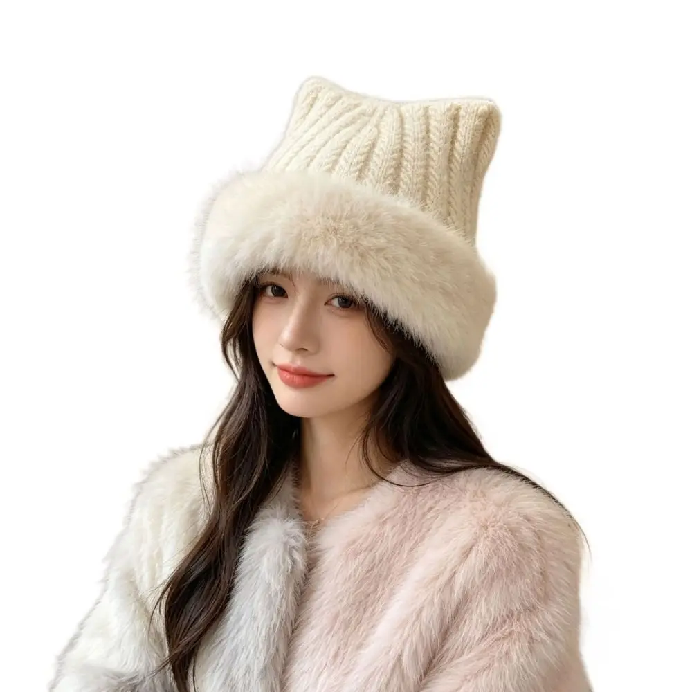 Polyester Fuzzy Knitted Bucket Hat Faux Fur Brim 56cm To 60cm Head Circumference Winter Ear Protection Hat Earflap