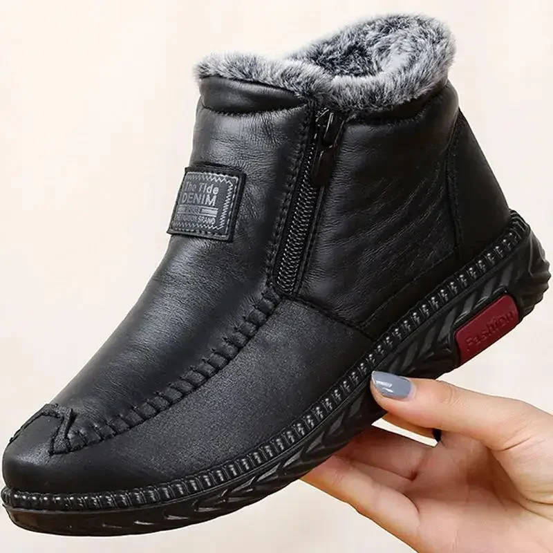 

Winter Snow Boots Women Ankle Boot Retro Pu Leather Mother Shoes Warm Plush Comfy Zipper Waterproof Female Footwear Botas Mujer