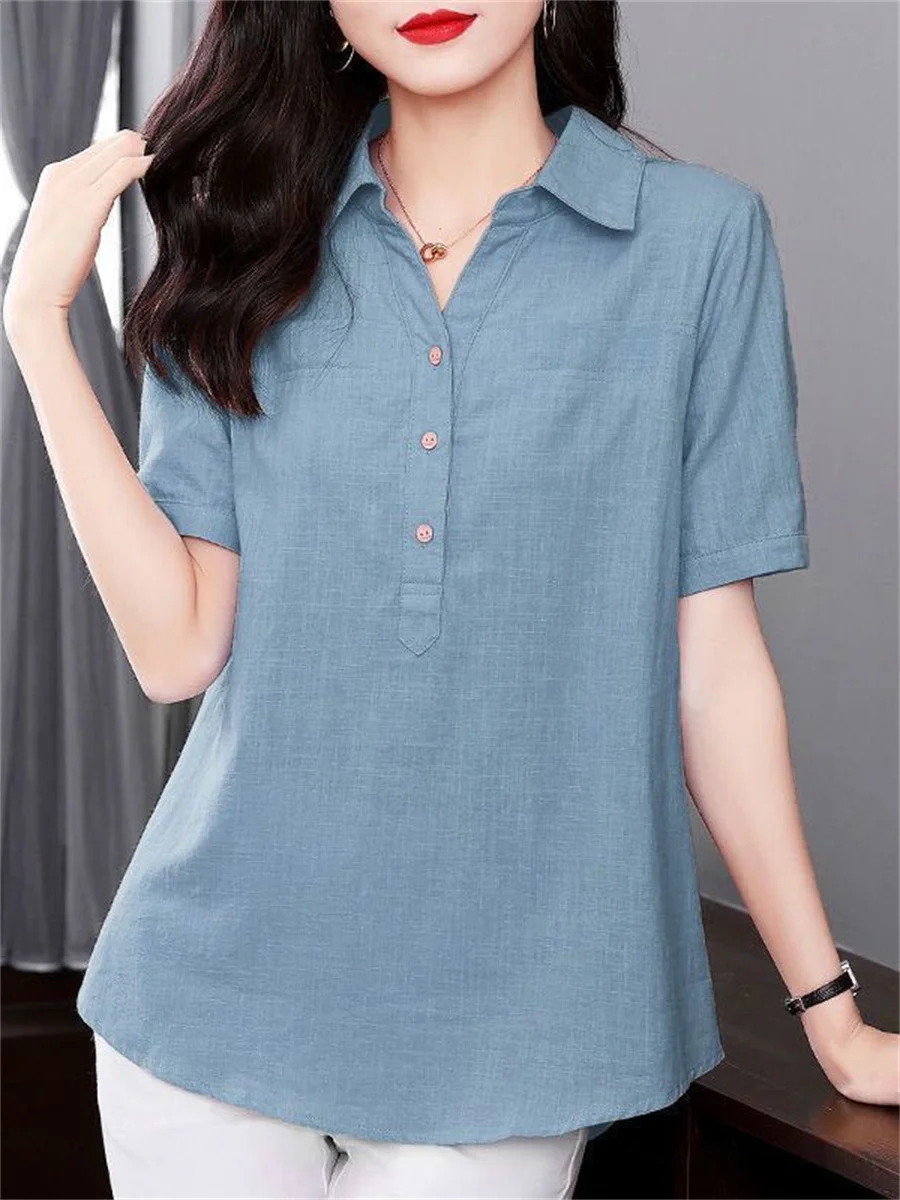 5XL Women Spring Summer Blouses Shirts Lady Fashion Casual Short Sleeve Turn-down Colla Solid Color Blusas Tops TT2065