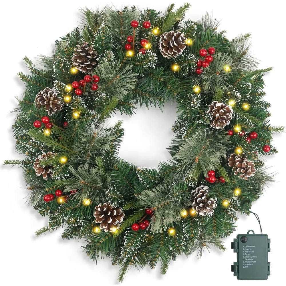 

Christmas Wreath Snowy Pre-lit 24 inch with 50 Light & Pine Cone, Artificial Christmas Wreaths