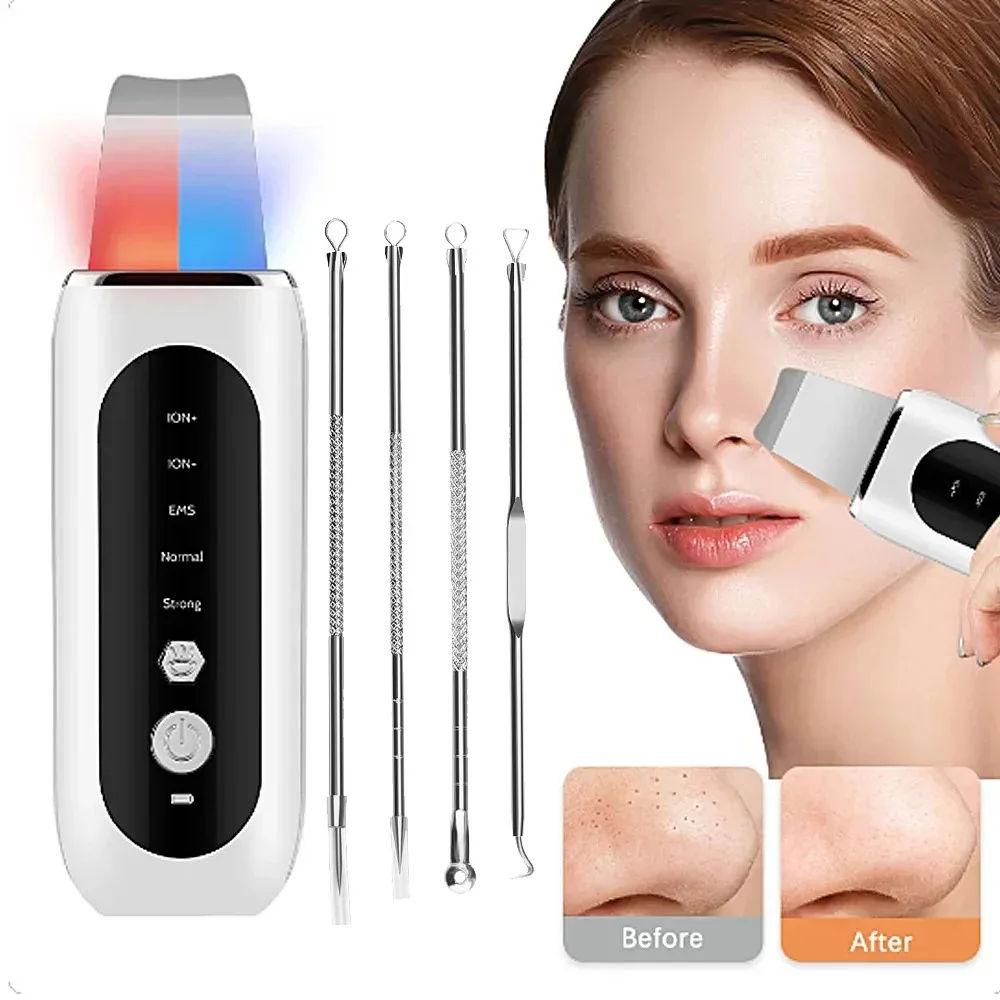 Ultrasonic Skin Scrubber 5 Modes LED Red Blue Light EMS Face Lift Blackhead Remover Acne Pore Cleaning Peeling Machine Shovel