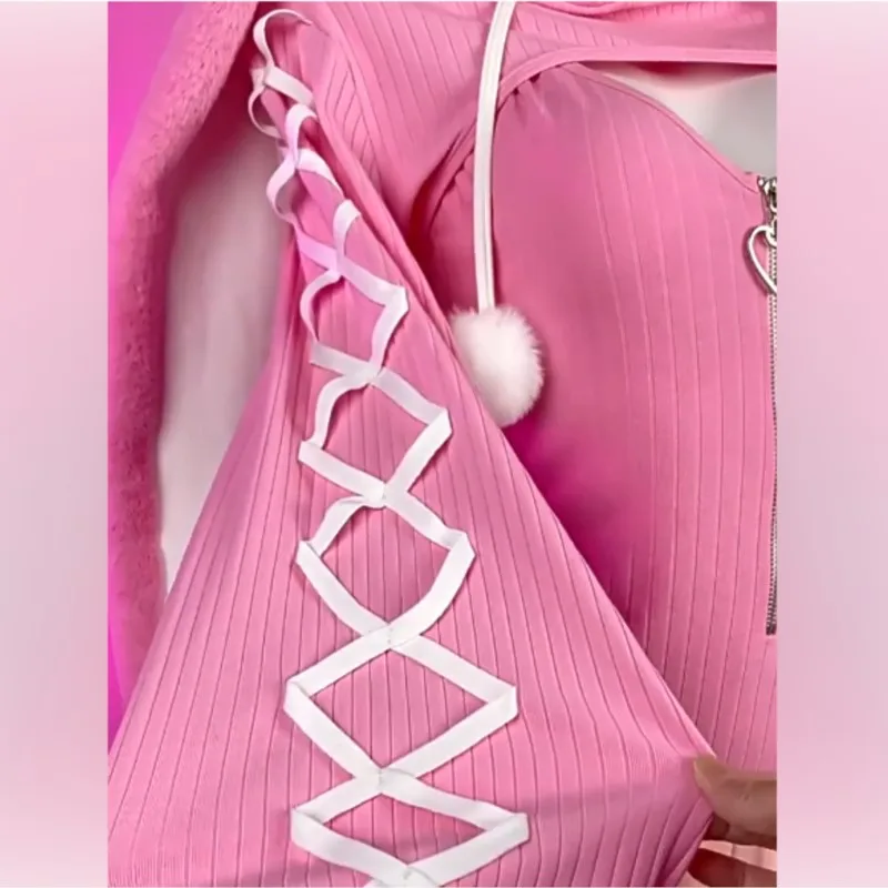 Cute Bunny Ear Hooded Bodysuit Long Sleeve Plush Big Rabbit Ears Women Cosplay Costume Y2K Loungewear Knit Tight Jumpsuit