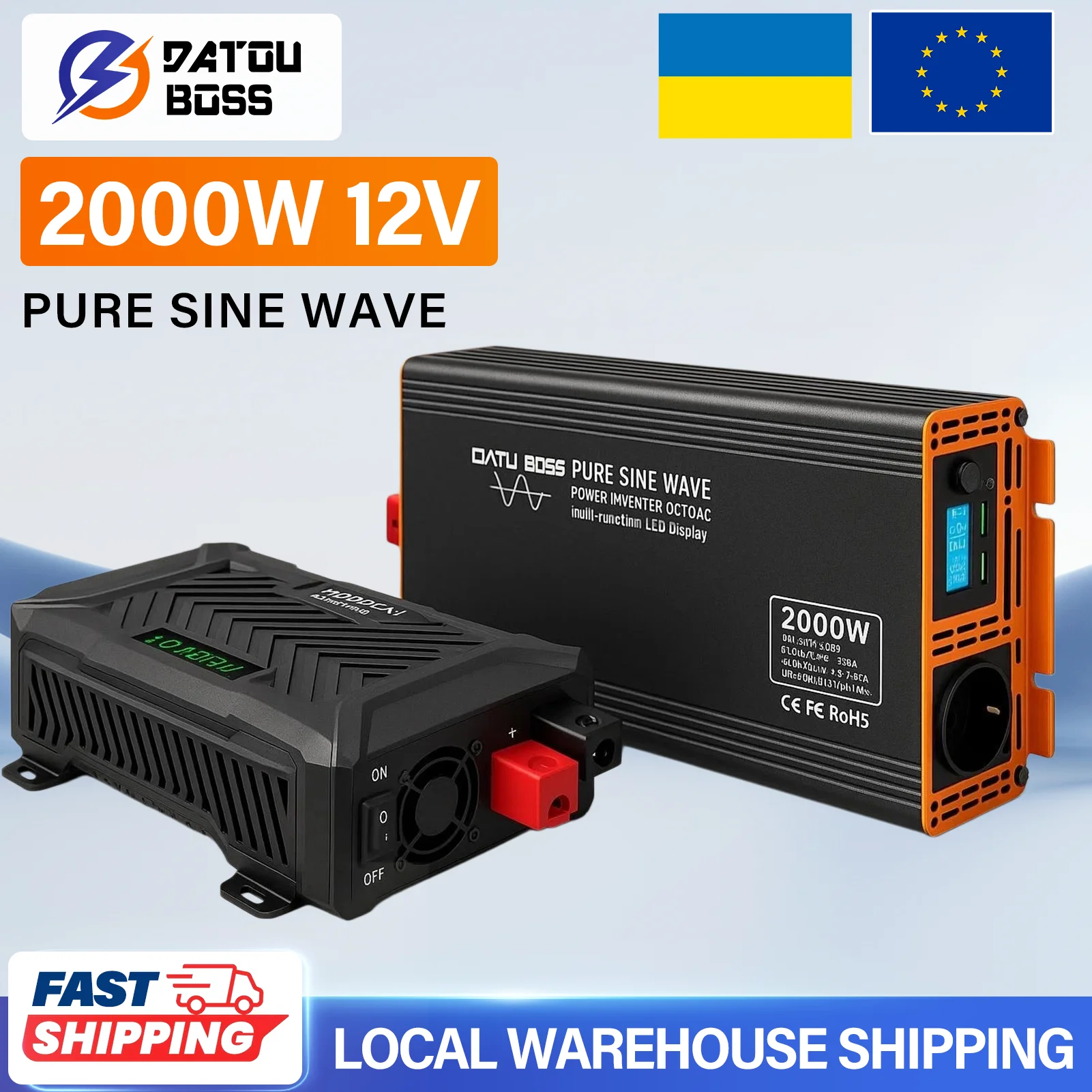 DATOUBOSS 12V 2000W Pure Sine Wave Car Inverter DC 12V to AC 230V, Wireless Remote Control and LCD Display, Emergency Power Supply