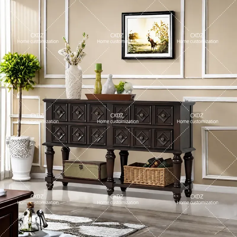 French retro solid wood porch cabinet, antique living room column, rhombus storage, American light luxury dining side cabinet