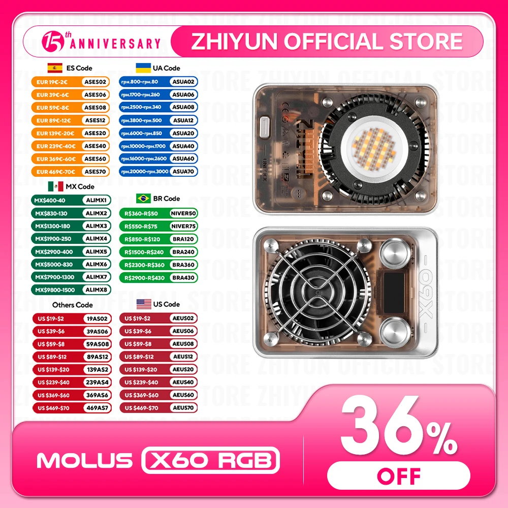 

ZHIYUN Official MOLUS X60 X60RGB RGB 60W COB Video Light LED Pocket Lights Portable Outdoor Fill Lamp Photography Lighting